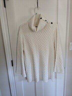 Roaman's Chevron Knit Cowl-Neck Tunic Sweater with Button Detail